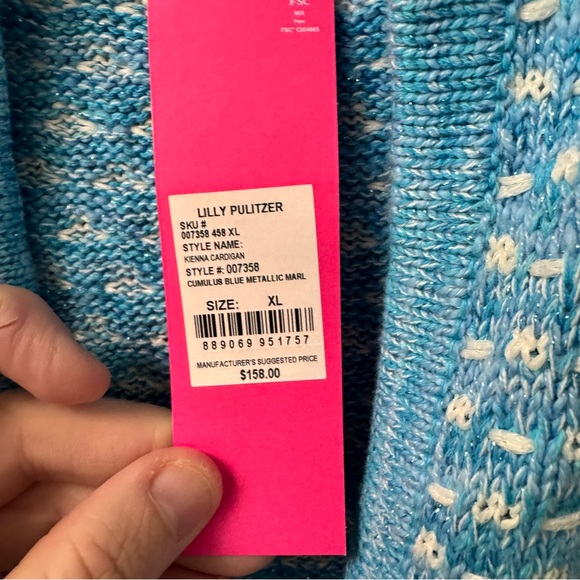 Lilly Pulitzer Kienna Cardigan in Cumulus Blue Metallic Knit Open Front Size XL - Picture 3 of 6